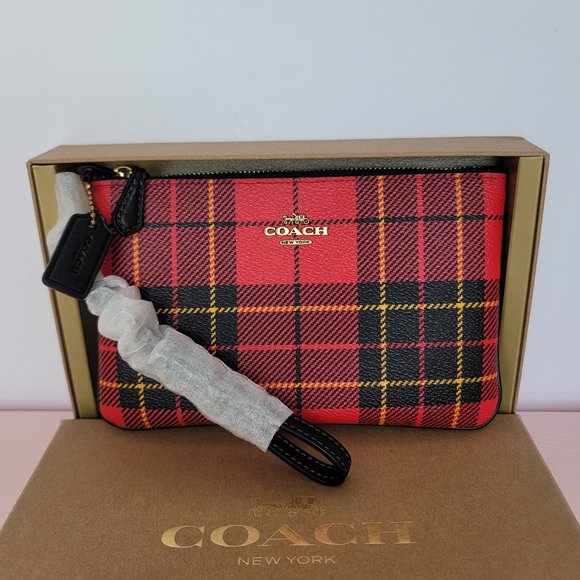 COACH Small Printed Plaid Coated Canvas Wristlet-Red Multi - Picture 1 of 16